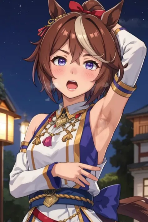 small breasts,<lora:umamusume_locon:0.6>,tokai teio \(umamusume\),<lora:shiun_yumemitori_v1_mg:0.6>,shiun yumemitori,shiun yumemitori,official alternate costume,japanese clothes,white shirt,bare shoulders,sleeveless shirt,tight:1.2,ribbon-trimmed sleeves,detached sleeves,purple shorts,purple bow,purple footwear,jewelry,white socks,tabi , masterpiece, high quality, alternate costume,ultra-detailed,clear skin, (masterpiece, best quality, ultra detailed, detailed background, complex background), (perfect face, detailed face), perfect anatomy,{highres} ,upper_body,heavy breathing:1.3,open mouth,full-face blush,shy, solo focus, looking at viewer, outdoors, night, home,spread armpit <lora:spread_armpit_left:0.7>