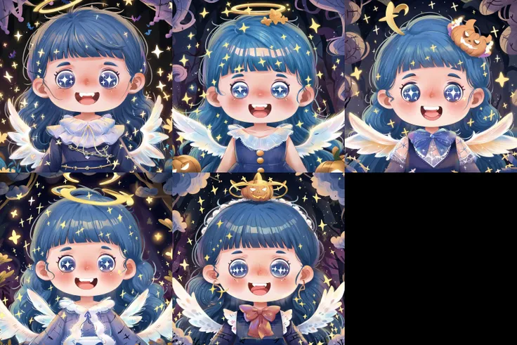 <lora:lbtx-013:0.7>,lbtx,1girl,solo,halloween,blue hair,smile,bangs,open mouth,blue eyes,long hair,wings,halo,blunt bangs,teeth,sparkle,