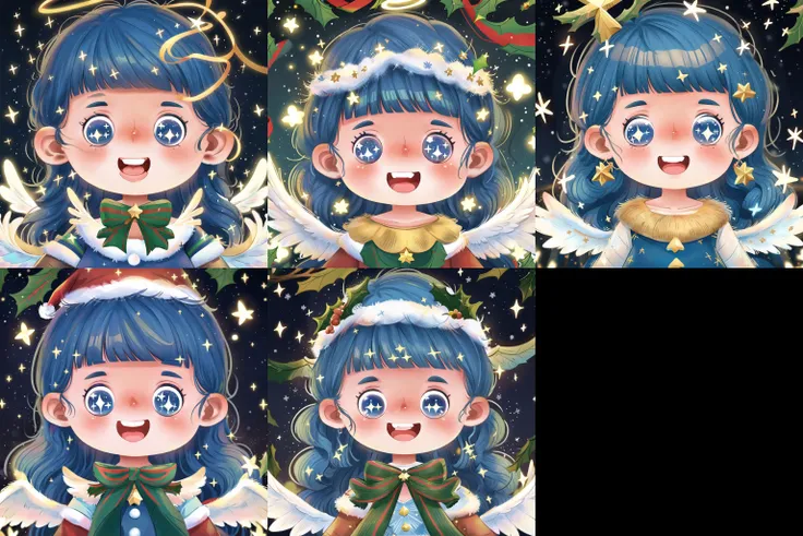 <lora:lbtx-013:0.7>,lbtx,1girl,solo,((Christmas)),blue hair,smile,bangs,open mouth,blue eyes,long hair,wings,halo,blunt bangs,teeth,sparkle,