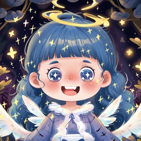 <lora:lbtx-013:0.7>,lbtx,1girl,solo,halloween,blue hair,smile,bangs,open mouth,blue eyes,long hair,wings,halo,blunt bangs,teeth,sparkle,