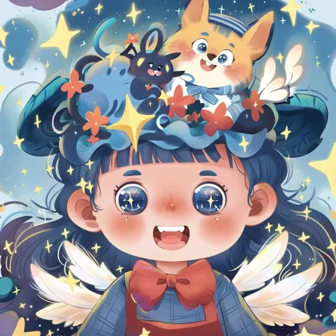 <lora:lbtx-013:0.7>,lbtx,1girl,solo,blue hair,Little cat Hat,smile,bangs,open mouth,blue eyes,long hair,wings,halo,blunt bangs,teeth,sparkle,