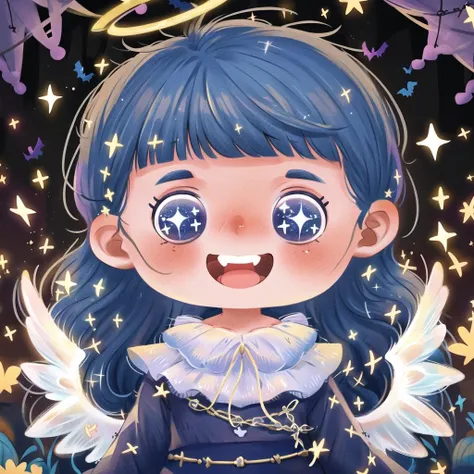 <lora:lbtx-013:0.7>,lbtx,1girl,solo,halloween,blue hair,smile,bangs,open mouth,blue eyes,long hair,wings,halo,blunt bangs,teeth,sparkle,