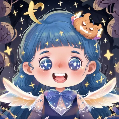 <lora:lbtx-013:0.7>,lbtx,1girl,solo,halloween,blue hair,smile,bangs,open mouth,blue eyes,long hair,wings,halo,blunt bangs,teeth,sparkle,