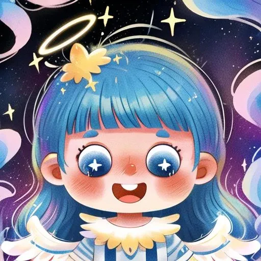 <lora:lbtx-010:0.8>,lbtx,1girl,solo,blue hair,smile,bangs,open mouth,blue eyes,long hair,wings,halo,blunt bangs,teeth,sparkle,chibi,upper body,