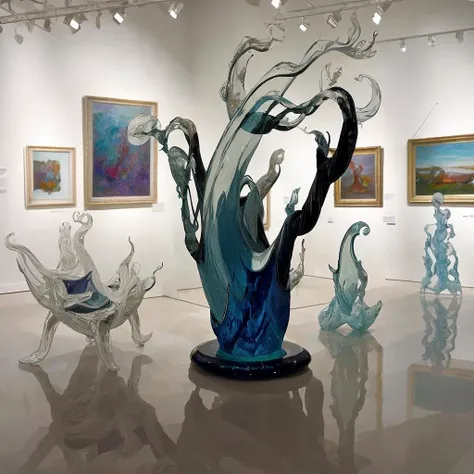 <lora:glassart1rep2:1> glasssculpture, art gallery
