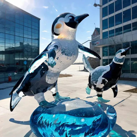 <lora:glassart1rep2:1> glasssculpture, giant penguin, public sculpture, outdoors