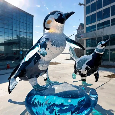 <lora:glassart1rep2:1> glasssculpture, giant penguin, public sculpture, outdoors