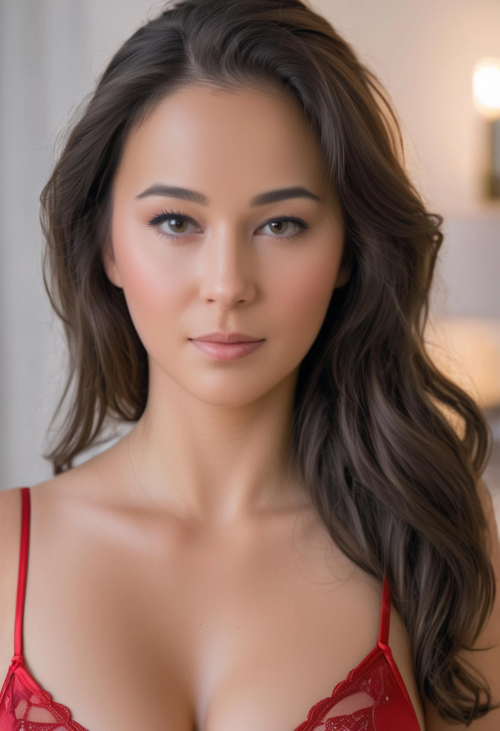 Photograph of catherine_young , <lora:catherine_young:1>, sexy , red lingerie, busty, flattering lighting, extreme realism, 3/4 headshot,