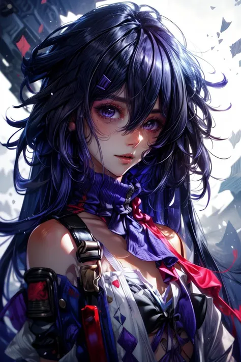 <lora:more_details:0.8> <lora:seele_hsr:.85> seele hsr, 1girl, long hair, bangs, solo, hair between eyes, looking at viewer, purple hair, closeup, portrait