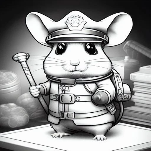 monochrome line drawing, Cute hamster ridley as a policeman in the style of HridleyXL