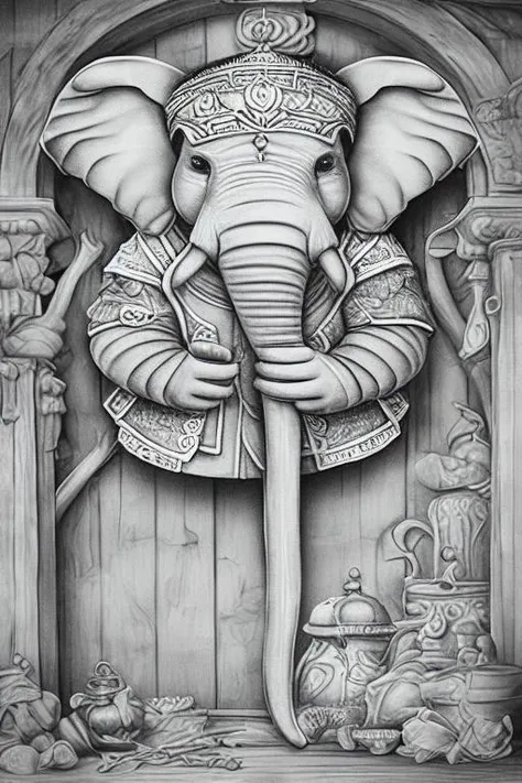 monochrome line drawing,  elephant shaped mandala  in the style of HridleyXL