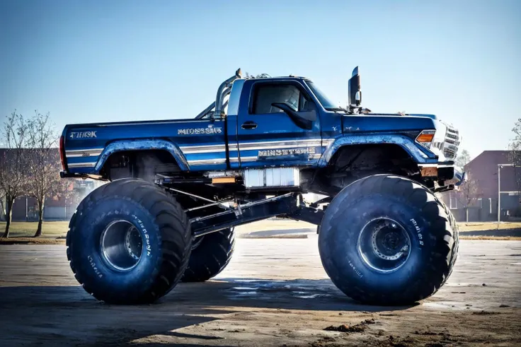 (masterpiece, best quality:1.2), ultra-detailed, (Blizzard blue truck:1.3) EdobMonsterTruck, (realistic:1.5), <lora:EdobMonsterTruck_v1.0:1>