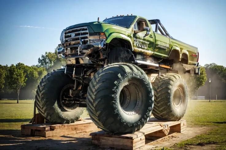 (masterpiece, best quality:1.2), ultra-detailed, (Green (web) truck:1.3) EdobMonsterTruck, (realistic:1.5), <lora:EdobMonsterTruck_v1.0:1>