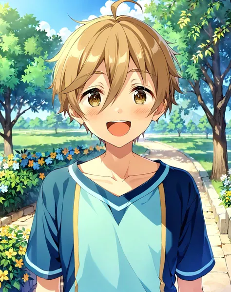 masterpiece, best quality, very aesthetic, absurdres, very detailed, score_9, score_8_up, score_7_up, depth of field, ((1boy, solo, male only, male focus, upperbody)), (mashiro_tomoya, brown hair, brown eyes, short hair, hair between eyes, bangs, ahoge), happy, looking at viewer, facing viewer, collarbone, outdoors, <lora:mashiro_tomoya_sdxl_lora:0.74>, <lora:Lightning-8:1>