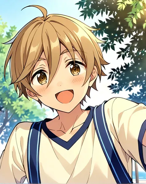 masterpiece, best quality, very aesthetic, absurdres, very detailed, score_9, score_8_up, score_7_up, depth of field, ((1boy, solo, male only, male focus, upperbody)), (mashiro_tomoya, brown hair, brown eyes, short hair, hair between eyes, bangs, ahoge), happy, looking at viewer, facing viewer, collarbone, outdoors, <lora:mashiro_tomoya_sdxl_lora:0.74>, <lora:Lightning-8:1>