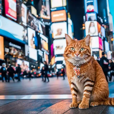 photo, medium-close establishing scene, GingerTomCat in Time Square