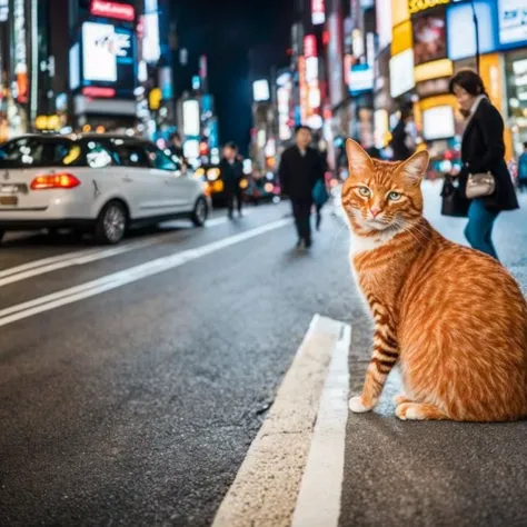 photo, medium-close establishing scene, GingerTomCat in Shibuya