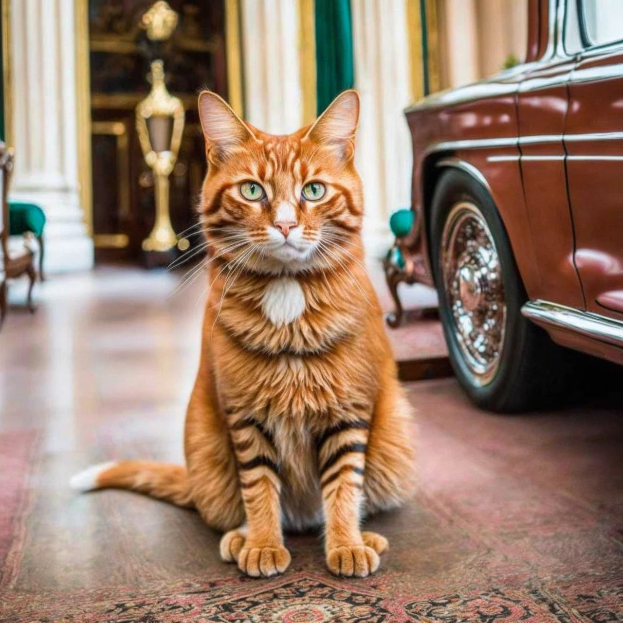 photo, medium-close establishing scene, GingerTomCat in Buckingham Palace