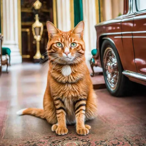 photo, medium-close establishing scene, GingerTomCat in Buckingham Palace