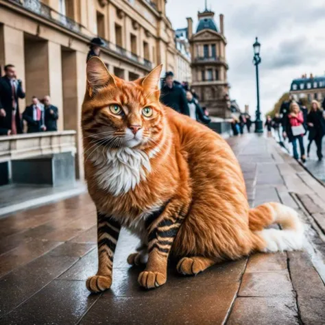 photo, medium-close establishing scene, GingerTomCat in paris