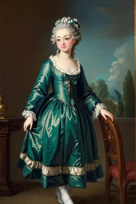 rococo, art, <lora:1750's_art_style:0.6>, (1750's_art_style:1.2), oil painting \(medium\), oil painting style, green_dress