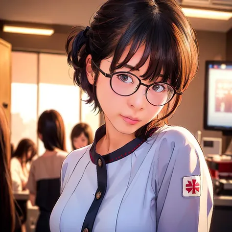1girl,nurse,hospital,sks kuma1394,masterpiece,best quality,Shallow depth of field,eccentric hair style,cinematic lighting, light on face