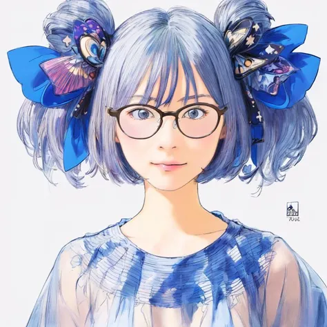 masterpiece, ultra-high quality,( ultra detailed original illustration),( 1girl),cute girl,( original illustration composition),small glasses,artistic,funny,monocrome,vivid,very cute girl,long hair,look away,gentle smile,tasty,Cotton candy,highlight,tang,shout mouth,salute,town,ribbon,( fusion of limited color, maximalism artstyle, geometric artstyle),head_tilt,eccentric hair style,hair accesary