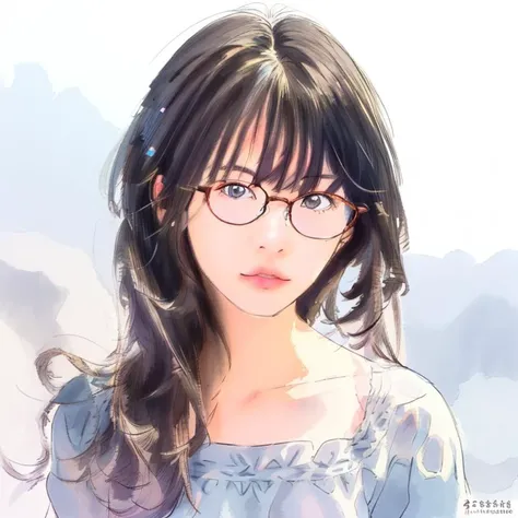 masterpiece, ultra-high quality,( ultra detailed original illustration),( 1girl, upper body),((long hair)), silver round glasses,cute girl,highlight,electric,sparkles,shine rip,big eyes,<lora:Colorwater_v4:0.6>, straight hair,pleasure face ,black eyes,small breasts,twilight,colorful background