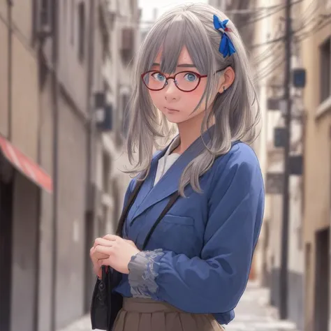 1woman,Valletta,sks kuma1394,masterpiece,best quality,Shallow depth of field,eccentric hair style,cinematic lighting, light on face,bite,small head,cute girl,japanese,blue glasses,hairpin, impressive eyes,morning,rubber band,brave,signal,gray hair,career woman,skirt