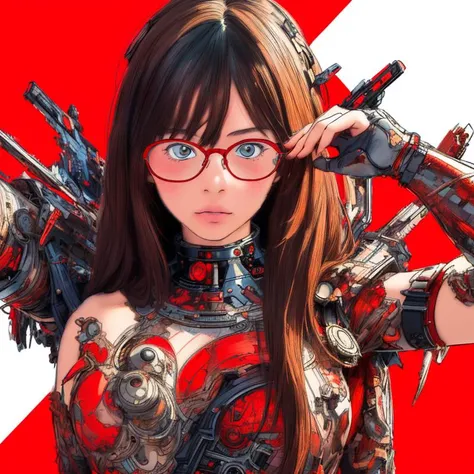 masterpiece, ultra-high quality,( ultra detailed original illustration),( 1girl, upper body), double exposure, ( original illustration composition),red theme,glasses,eccentric hair style,cute girl,cyborg,android,long hair