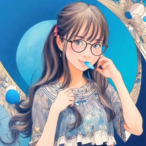 masterpiece, ultra-high quality,( ultra detailed original illustration),( 1girl),cute girl,( original illustration composition),small glasses,artistic,funny,monocrome,vivid,very cute girl,long hair,look away,gentle smile,tasty,Cotton candy,highlight,tang,shout mouth,salute,town,ribbon,( fusion of limited color, maximalism artstyle, geometric artstyle),head_tilt,eccentric hair style,hair accesary
