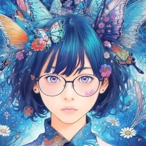 masterpiece, ultra-high quality,( ultra detailed original illustration),( 1girl, upper body),(( harajuku fashion)),(( flowers with human eyes, flower eyes)), double exposure, fussion of fluid abstract art, glitch,( 2d),( original illustration composition),( fusion of limited color, maximalism artstyle, geometric artstyle, butterflies, junk art)<lora:Ultramarine2-noise-loha-16:1>blue theme,Ultramarine,,glasses