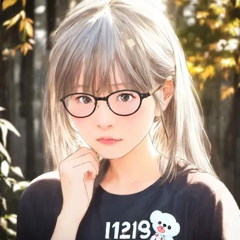 1girl,sks kuma1394,masterpiece,best quality,Shallow depth of field,eccentric hair style,cinematic lighting, light on face,bite,white hair,ash eyes,small head,cute girl,japanese,t shirt