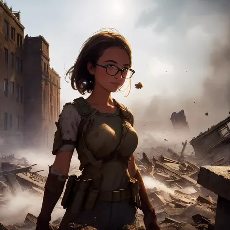 Best quality, masterpiece, ultra high res, (photorealistic:1.4), raw photo, 1girl, cinematic lighting, apocalypse, ruins, war,(film grain:1.0), (floating dust particle:1.2),glasses,cute,Forward light