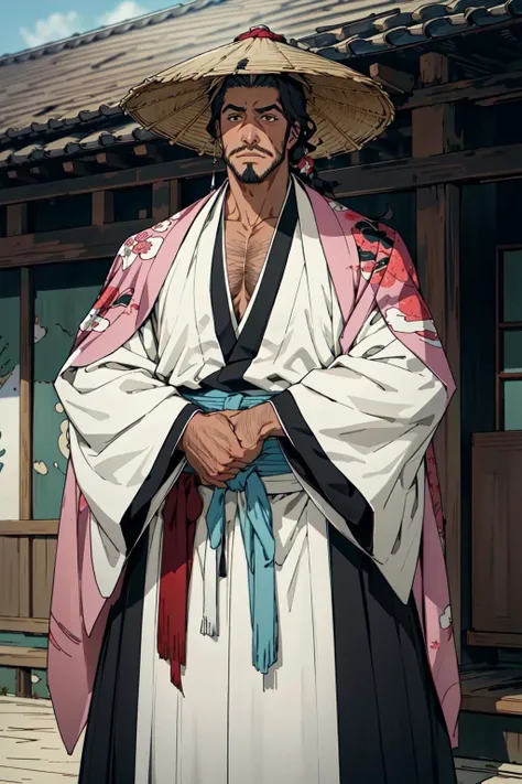 Best quality, masterpiece, ultra high res,detailed background,Kyoraku Shunsui,solo,male,bara,muscular,cowboy shot,facial hair,mature male,east asian architecture,depth of field, <lora:Kyoraku Shunsui:0.6>