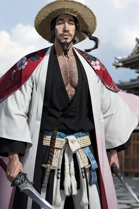 (upper body:1.2), kyoraku shunsui, 1boy, dual_wielding, facial_hair, solo, standing, sword, weapon, <lora:Chara_kyoraku_shunsui:0.8>,in front of temple