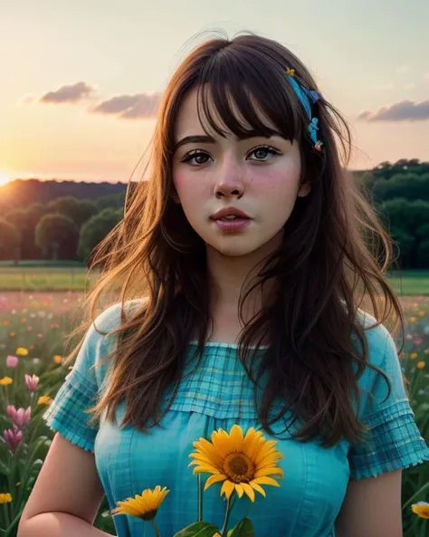 analog proto, beautiful young girl standing in a field of colourful flowers, summer, beautiful lighting, (photorealistic, sharp focus), ultra detailed, closeup