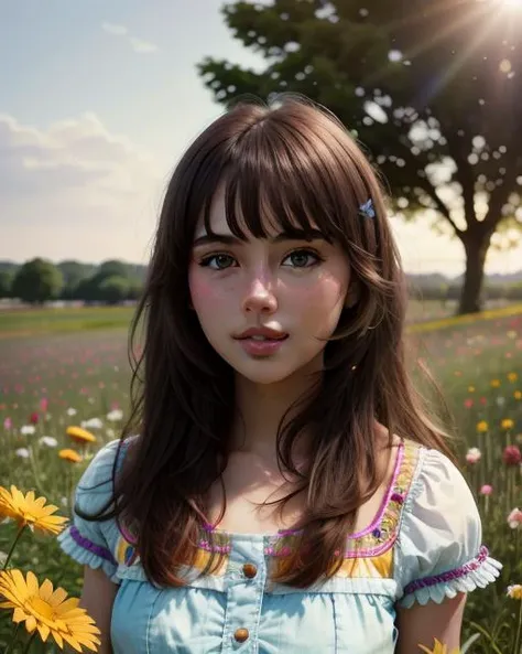 analog proto, beautiful young girl standing in a field of colourful flowers, summer, beautiful lighting, (photorealistic, sharp focus), ultra detailed, closeup