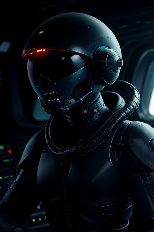 a slim figure, a male humanoid alien pilot looks into the camera, (monster:0.6), jet pilot helmet, sits at the control panel, volumetric light, fantastic environment, horror, realism, unreal engine, uhd