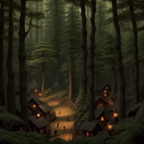 a winding realistic forest filled with dark critters