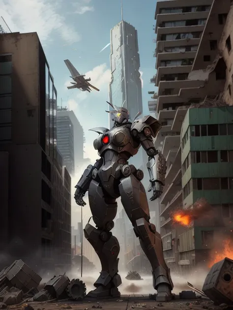 mech warrior, destroyed city