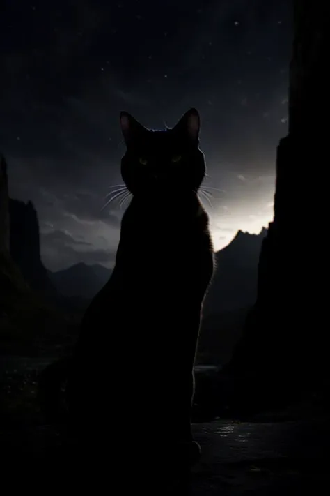 an cat, dynamic pose, silhouette, rim light, dark night, fantastic environment, (eclipse:0.1), realism, unreal engine, uhd