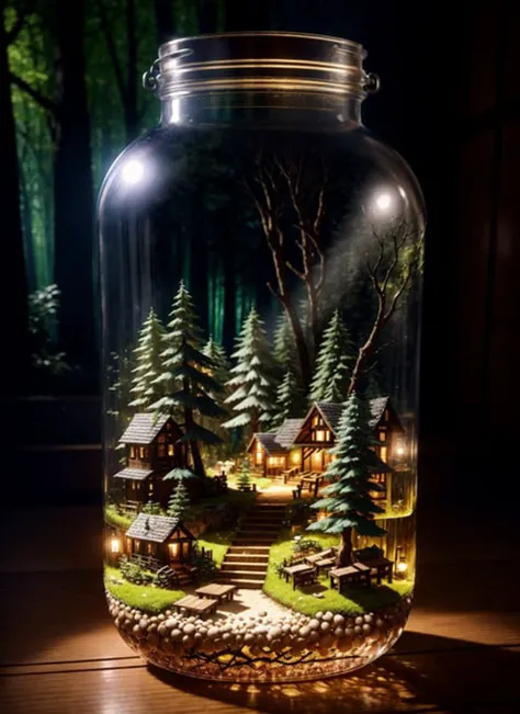 (An intricate forest minitown landscape trapped in a bottle), atmospheric oliva lighting, on the table, 4k UHD, dark vibes, hyper detailed, vibrant colours, epic composition, octane render, sharp focus, high resolution isometric