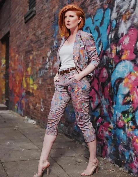 A housewife named Ginger, exuding confidence in her fashionable yet relaxed outfit, stands resplendent within an energetic cityscape embellished with a striking array of vibrant graffiti, as she effortlessly becomes the focal point of a spontaneous photoshoot capturing her essence amidst the urban ambiance. Housewife Ginger <lora:iyoiji18f844ab08btbc4:1>