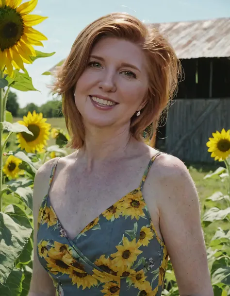 Housewife Ginger, dressed elegantly yet casually in a striking floral frock, exuded confidence as she posed effortlessly by an old, weathered barn with vibrant sunflowers creating a picturesque halo around her, while a graceful smile lit up her face beneath the bright sunshine, illuminating their intimate moment together, captured from a slightly elevated angle against the stunning backdrop of this outdoor setting's unparalleled beauty. <lora:iyoiji18f844ab08btbc4:1>