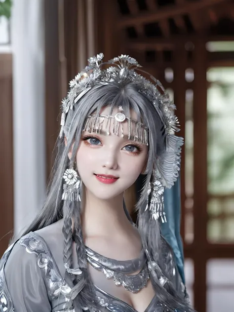 Symmetrical, high-detail original color photo professional close-up, [ : (high-detail face: 1.2) : 0.1] , (PureErosFace v 1:0.8) ,((full-body)) full-body portrait, pores, real skin,big breasts, flowing dress, dress, hair band, flying hair, (grey hair ) , ancient headdress, hairpin, smile, affectionate eyes, sparkling eyes, beautiful scene, shadow, Backlight, natural light, obscurity Lens, hard focus, film particles, shooting photos, portrait photos <lora:Miaozufushi-268:0.0.3> <lora:hipoly3DModelLora_v10:0.3> <lora:urbanSamuraiClothing_urbansamuraiV03:0.4>