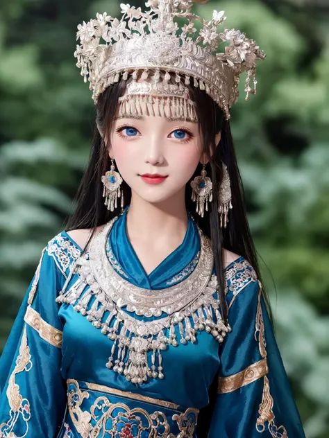 (best quality, masterpiece, 8K, ultra high res, realistic, blue sky, photon mapping, radiosity:1.3), (close-up:1.8), (Beautiful and detailed face and smooth forehead and black long hair and messy hair:1.2), (Extremely detailed 8K chinese long embroidery silk robe and silk long clothes and dress:1.2), 1girl, solo ,(young), looking at viewer, big eyes, earrings, hairpin, necklace, small breasts, slim body, architecture, riverside, forest, arms at sides, smile.Miaozu, clothing, headwear, crown <lora:Miaozufushi-268:0.7>