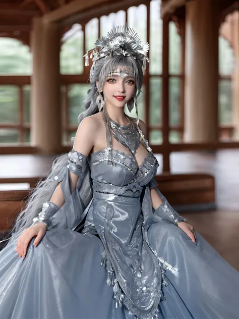 Symmetrical, high-detail original color photo professional close-up, [ : (high-detail face: 1.2) : 0.1] , (PureErosFace v 1:0.8) ,((full-body)) full-body portrait, pores, real skin,big breasts, flowing dress, dress, hair band, flying hair, (grey hair ) , ancient headdress, hairpin, smile, affectionate eyes, sparkling eyes, beautiful scene, shadow, Backlight, natural light, obscurity Lens, hard focus, film particles, shooting photos, portrait photos <lora:Miaozufushi-268:0.0.3> <lora:hipoly3DModelLora_v10:0.3> <lora:urbanSamuraiClothing_urbansamuraiV03:0.4>