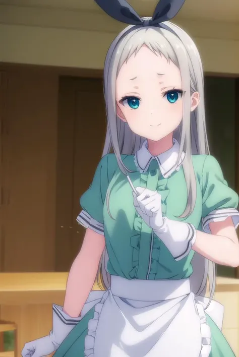 hiderikanzaki, <lora:hideri kanzaki s1-lora-nochekaiser:1>,
hideri kanzaki, long hair, bow, (green eyes:1.3), hair bow, grey hair, male focus, hairband, black hairband, otoko no ko, (forehead:1.2), smile,
BREAK gloves, dress, short sleeves, frills, puffy sleeves, white gloves, apron, puffy short sleeves, waist apron, white apron, frilled apron, waitress,
BREAK indoors, restaurant,
BREAK looking at viewer, (cowboy shot:1.5),
BREAK <lyco:GoodHands-beta2:1>, (masterpiece:1.2), best quality, high resolution, unity 8k wallpaper, (illustration:0.8), (beautiful detailed eyes:1.6), extremely detailed face, perfect lighting, extremely detailed CG, (perfect hands, perfect anatomy),