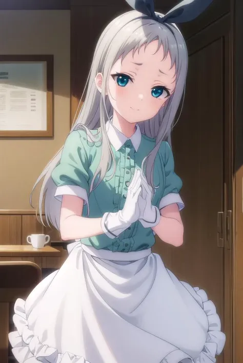 hiderikanzaki, <lora:hideri kanzaki s1-lora-nochekaiser:1>,
hideri kanzaki, long hair, bow, (green eyes:1.3), hair bow, grey hair, male focus, hairband, black hairband, otoko no ko, (forehead:1.2), smile,
BREAK gloves, dress, short sleeves, frills, puffy sleeves, white gloves, apron, puffy short sleeves, waist apron, white apron, frilled apron, waitress,
BREAK indoors, restaurant,
BREAK looking at viewer, (cowboy shot:1.5),
BREAK <lyco:GoodHands-beta2:1>, (masterpiece:1.2), best quality, high resolution, unity 8k wallpaper, (illustration:0.8), (beautiful detailed eyes:1.6), extremely detailed face, perfect lighting, extremely detailed CG, (perfect hands, perfect anatomy),